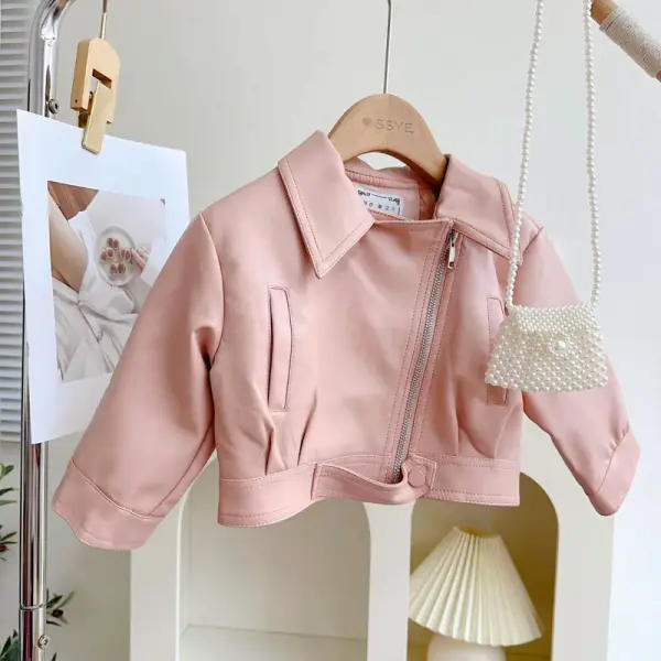 【18M-11Y】Girls Fashion Slant Collar Zipper Pink PU Jacket - Popopieshop.com 