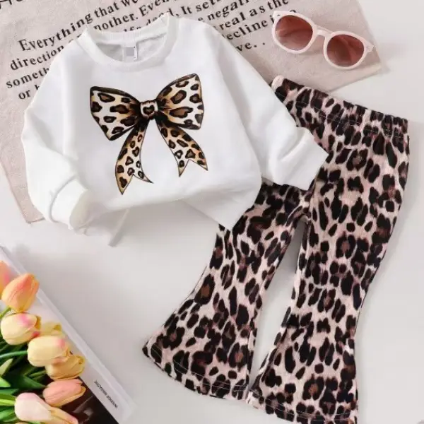 【6M-3Y】2-piece Girls Bow Leopard Print Top And Pants Set - Popopieshop.com 