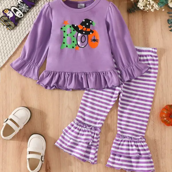 【1Y-6Y】2-piece Girls Halloween Letter Print Shirt And Pants Set - Popopieshop.com 