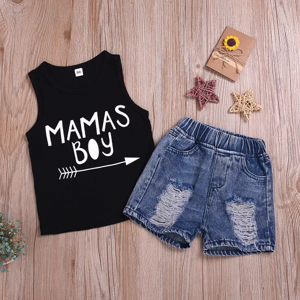 【18M-7Y】2-piece Boys Black Letter Print Top And Denim Shorts Set - Popopieshop.com 