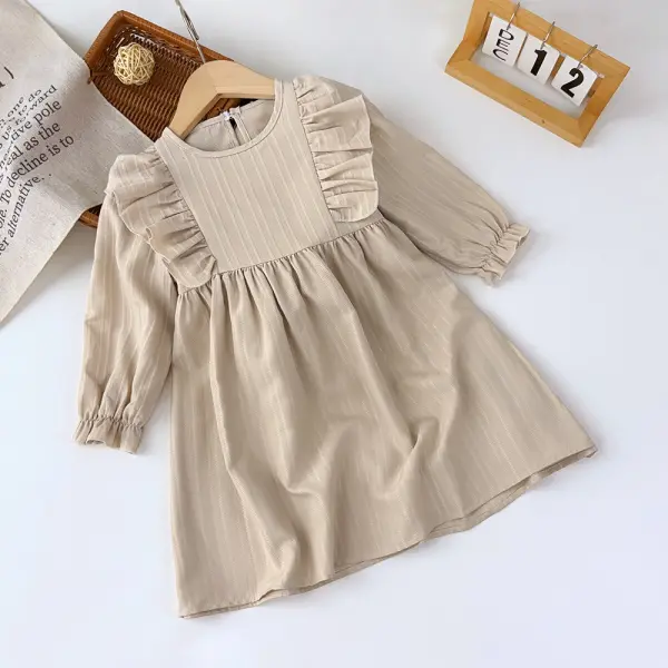 【2Y-7Y】Girls Casual Solid Color Floral Ruffle Trim Corduroy Smock Dress, Autumn/Winter - Popopieshop.com 