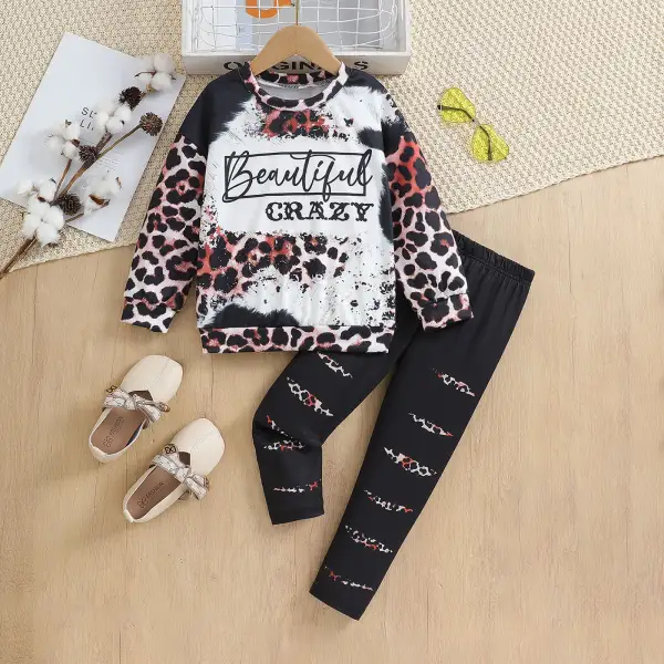 【2Y-7Y】2-piece Girls Leopard And Letter Print Top And Pants Set - Popopieshop.com 