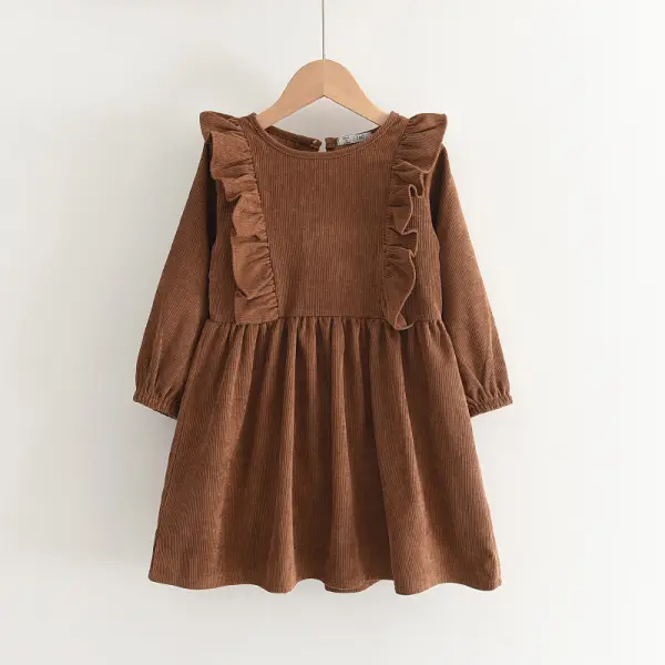 【2Y-7Y】Girls Vintage Solid Color Ruffle Trim Corduroy Smock Dress, Autumn/Winter - Popopieshop.com 