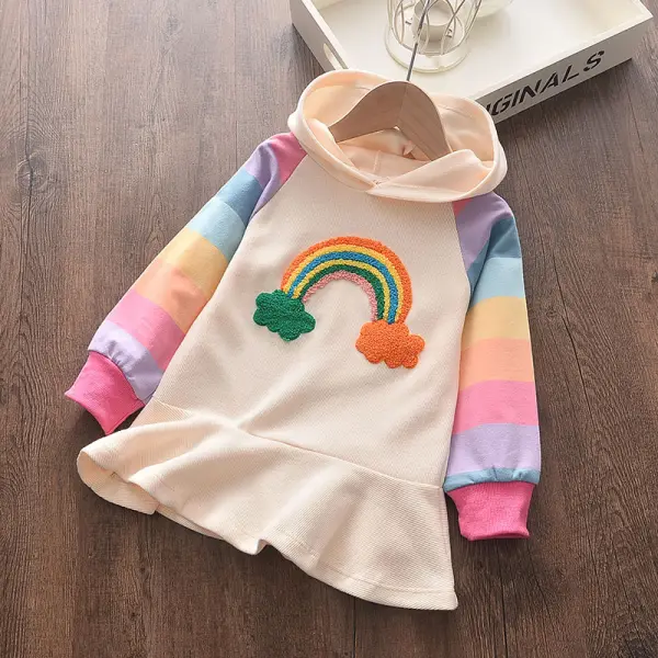 【18M-7Y】Girls Sweet Rainbow 3D Print Hooded Sweatshirt Dress - Popopieshop.com 
