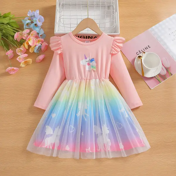 【18M-8Y】Girls Unicorn Print Mesh Long Sleeve Dress - Popopieshop.com 