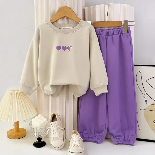 【2Y-7Y】2-piece Girls Love Print Long-sleeved Sweatshirt And Pants Set - Popopieshop.com 