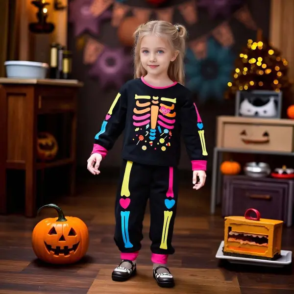 【1Y-8Y】2-piece Girls Halloween Skeleton Print Sweatshirt And Pants Set - Popopieshop.com 