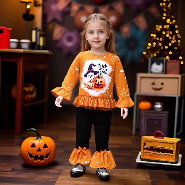 【1Y-8Y】2-piece Girls Halloween Pumpkin Ghost Print Shirt And Pants Set - Popopieshop.com 