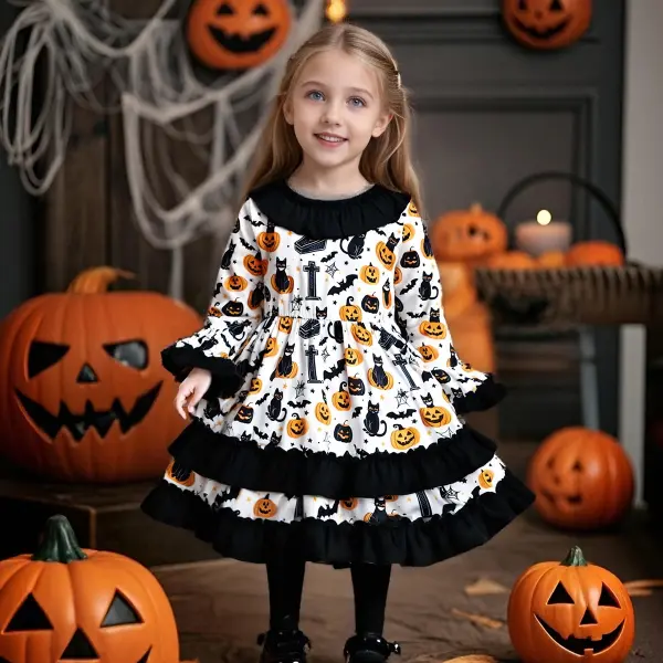 【1Y-8Y】Girls Halloween Black Cat And Pumpkin Print Dress - Popopieshop.com 