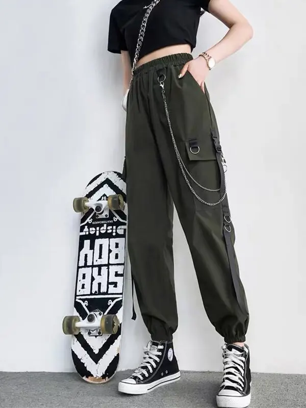 Drawstring overalls loose straight leg Korean style trend send chain - Oasisjoy.com 