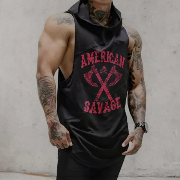 Mens Retro Viking American Savage Printed SleevelessT-shirt - Senttea.chimpone.com 