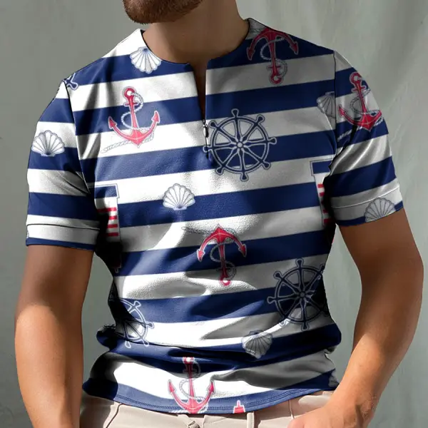 Marine striped short-sleeved collarless polo shirt - Bustalent.com 