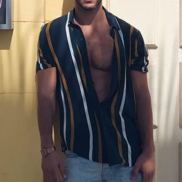 Striped contrast casual short-sleeved shirt - Bustalent.com 