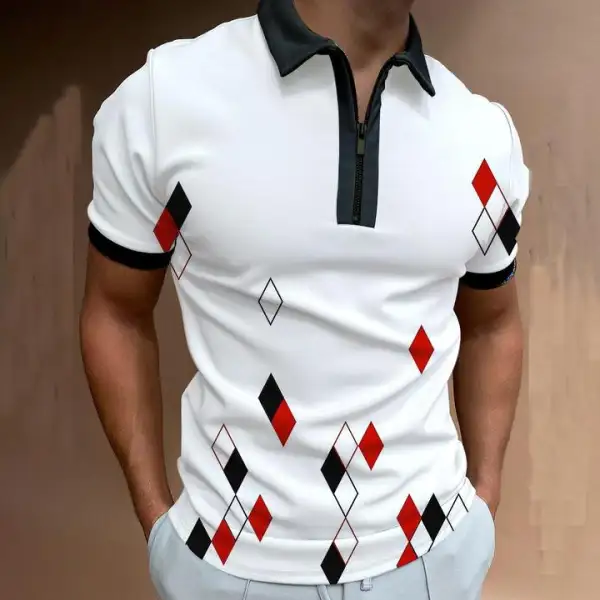 Check color block art short-sleeved polo shirt - Keymimi.com 