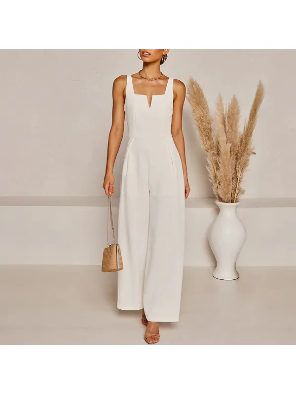 Casual Fashion Solid Color Sling V-Neck Jumpsuit - Realyiyi.com 