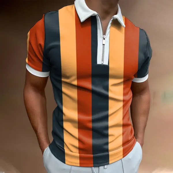 Striped Color Block Short-sleeved Polo Shirt - Keymimi.com 