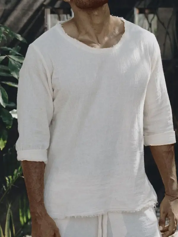 Men's Plain Simple Design Round Neck Long Sleeve Shirt - Sunshinenice.com 