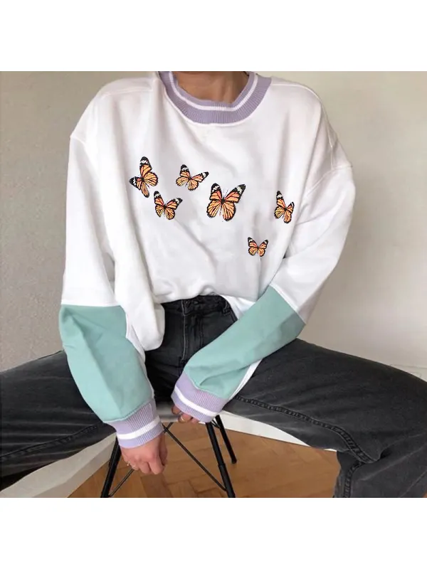 Casual Contrast Butterfly Print Sweatshirt - Realyiyishop.com 