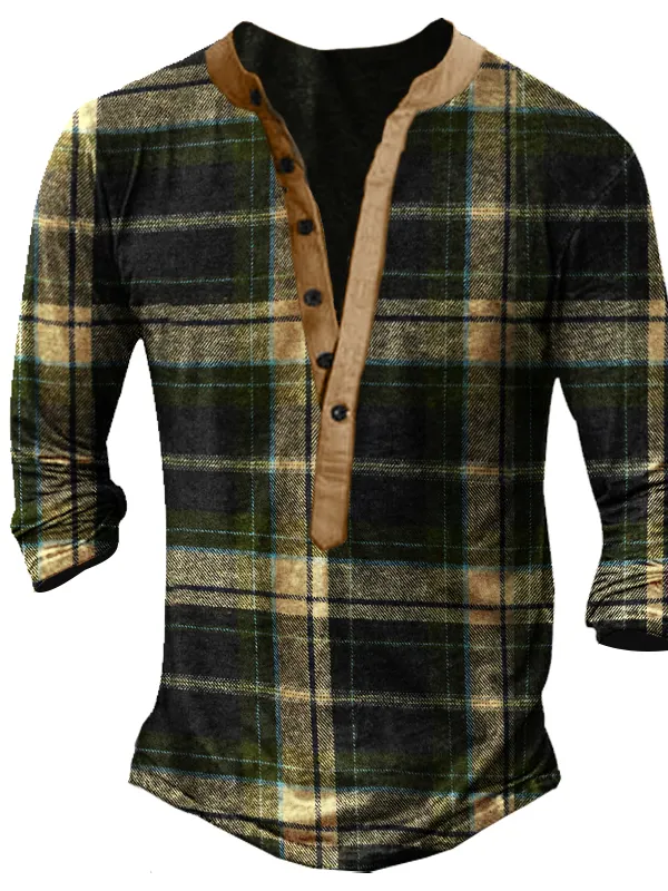 Retro Plaid Men's Outdoor Tactics Henley Button Long Sleeve Shirt 