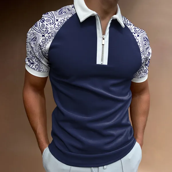 Men's Casual Paisley Pattern Print Color Matching Short Sleeve Zipper Polo Shirt - Keymimi.com 