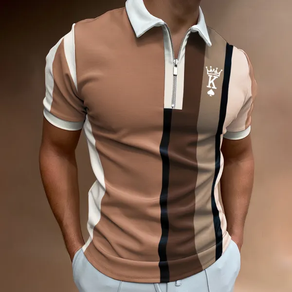 Men's Casual King Stripe Pattern Print Short Sleeve Zipper Polo Shirt - Keymimi.com 