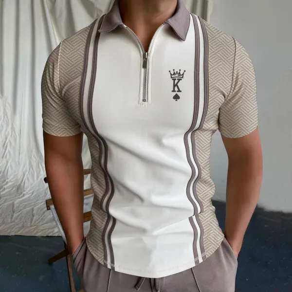 Men's Casual King Geometric Pattern Print Short Sleeve Zipper Polo Shirt - Keymimi.com 