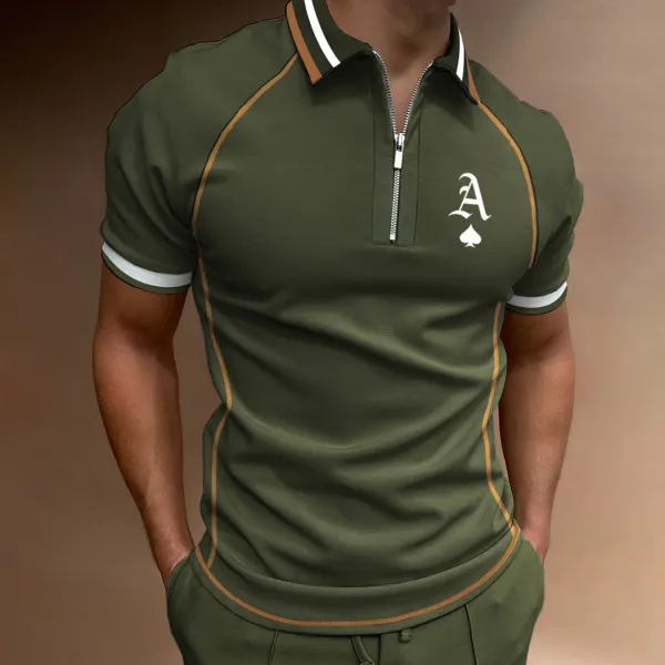 Men's Casual Poker Ace Print Color Matching Short Sleeve Zipper Polo Shirt - Keymimi.com 