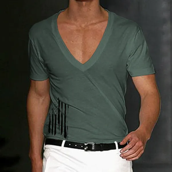 Men's Flag Print Patriotic Independence Day Casual Deep V Neck T-Shirt - Fineesa.chimpone.com 