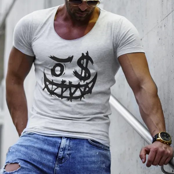 Men's Fashion Smiley Print Casual Slim Fit Short Sleeve T-Shirt - Keymimi.com 