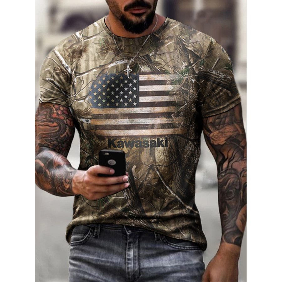 

Fashion Casual Camouflage Flag Motorcycle Print T-shirt