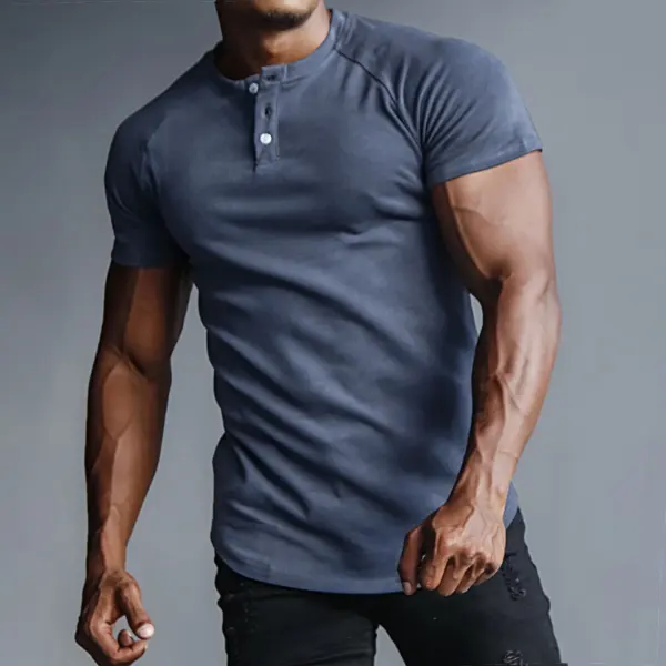 Men's Outdoor Casual Solid Color Henry Collar Bottoming Shirt Sports Fitness Running Slim Short-sleeved T-shirt - Keymimi.com 