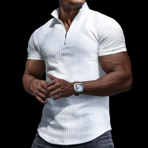 Men's Casual Slim Short Sleeve T-Shirt Sports Fitness Running Zipper Stand Collar Top - Yiyistories.com 