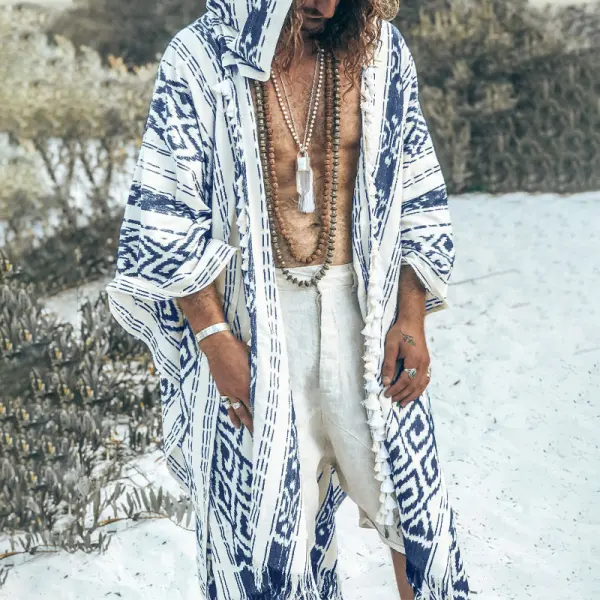 Men's Totem Print Linen Hooded Cape - Bustalent.com 