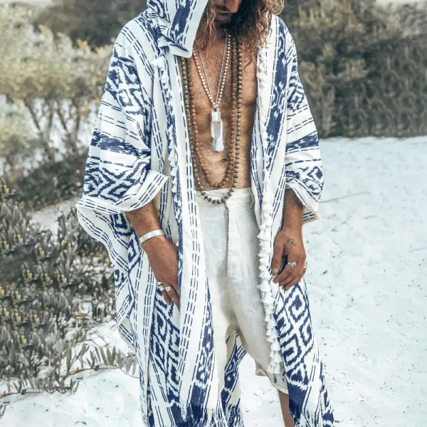 Men's Totem Print Linen Hooded Cape - Yiyistories.com 