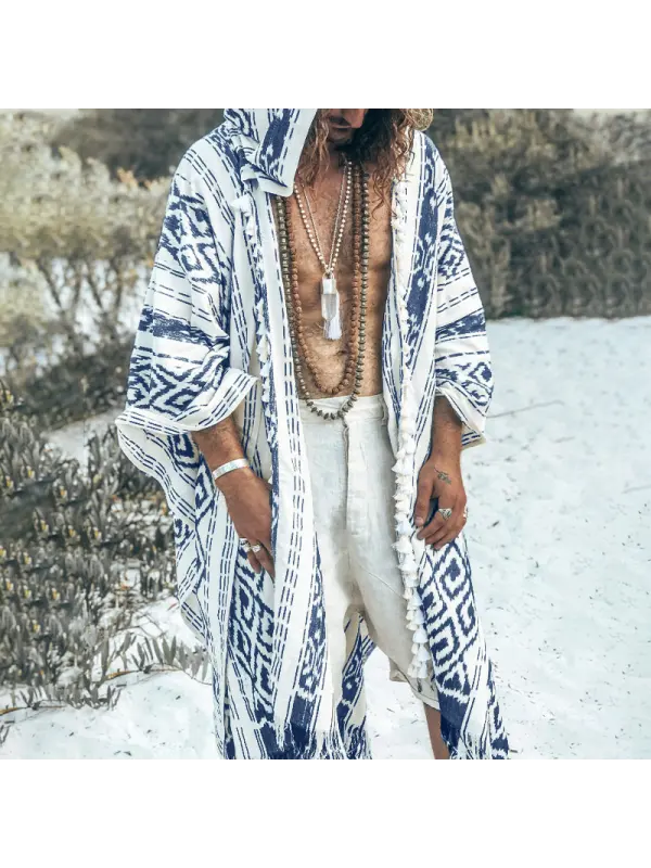 Men's Totem Print Linen Hooded Cape - Ootdmw.com 