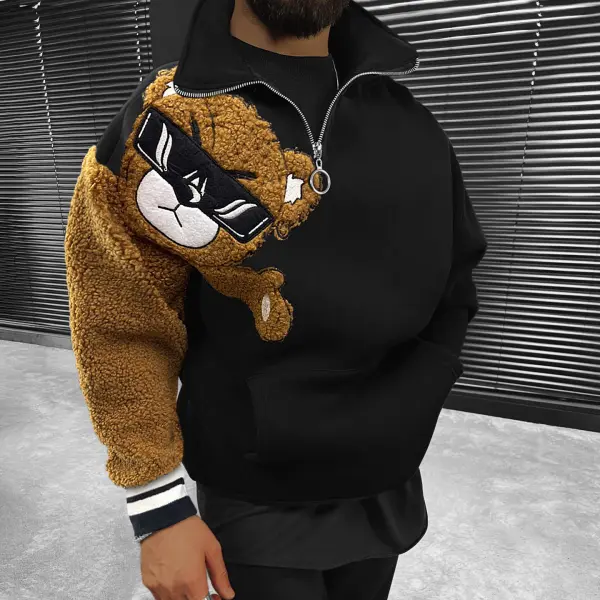 Teddy Bear Oversized Men's Half-zip Stand Collar Sweatshirt - Albionstyle.com 