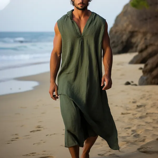 Men's Holiday Linen Loose Plain Hooded Robe - Keymimi.com 