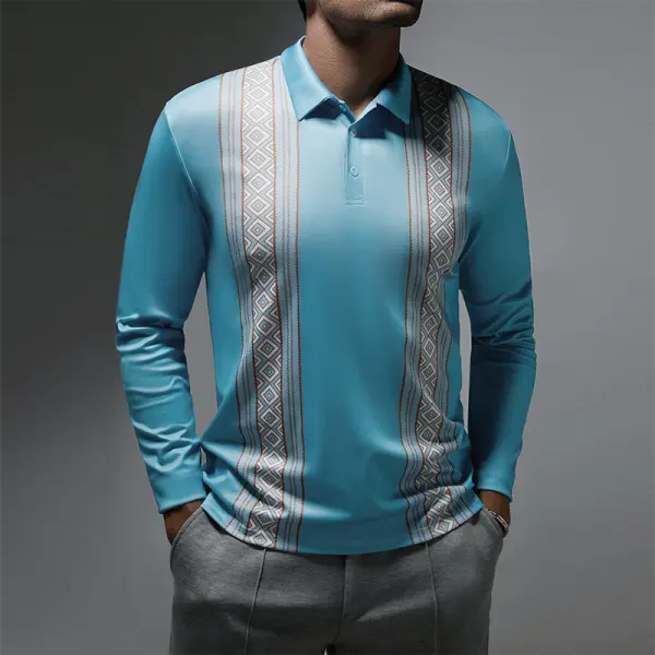 Geometric Color Block Button Long Sleeve Bowling Polo Shirt - Keymimi.com 