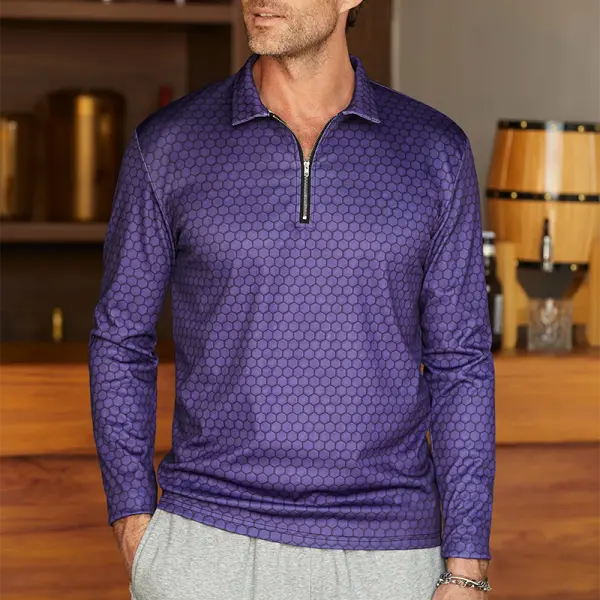Geometric Zip Long Sleeves Casual Polo Shirt - Keymimi.com 