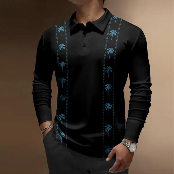Coconut Tree Button Long Sleeve Vacation Bowling Polo Shirt - Mobivivi.com 