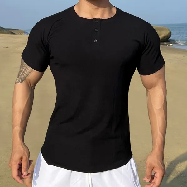 Men's Fitness Tight Short Sleeve Henley Neck T-Shirt - Jumbochic.com 