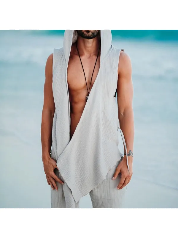 Cotton And Linen Resort Style Men's Hooded Cardigan Lace-up Vest - Ininrubyclub.com 