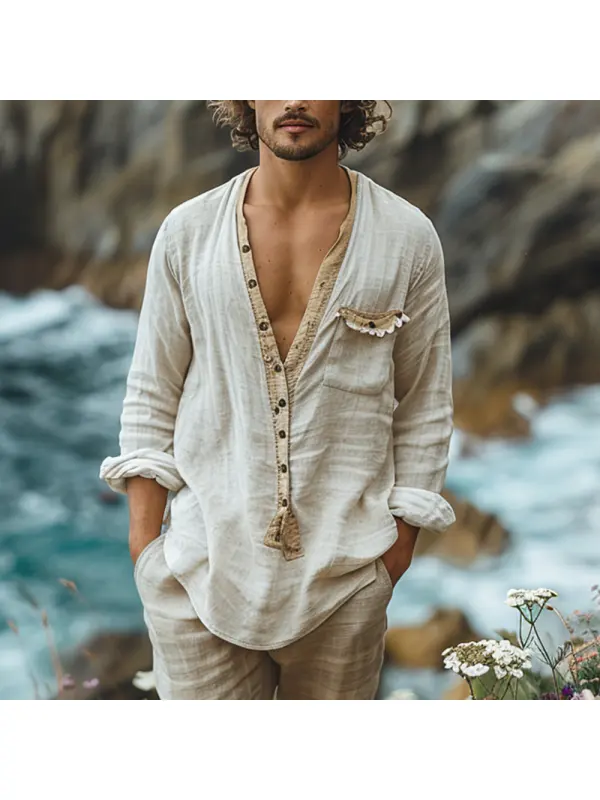 Ethnic Retro Casual Cotton And Linen Men's Shirts Bohemian Style Open Collar Embroidered Shirt - Minicousa.com 