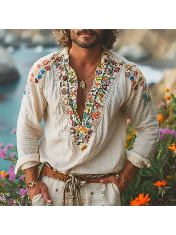 Ethnic Retro Casual Cotton And Linen Men's Shirts Bohemian Style Open Collar Embroidered Shirt - Fithuge.com 