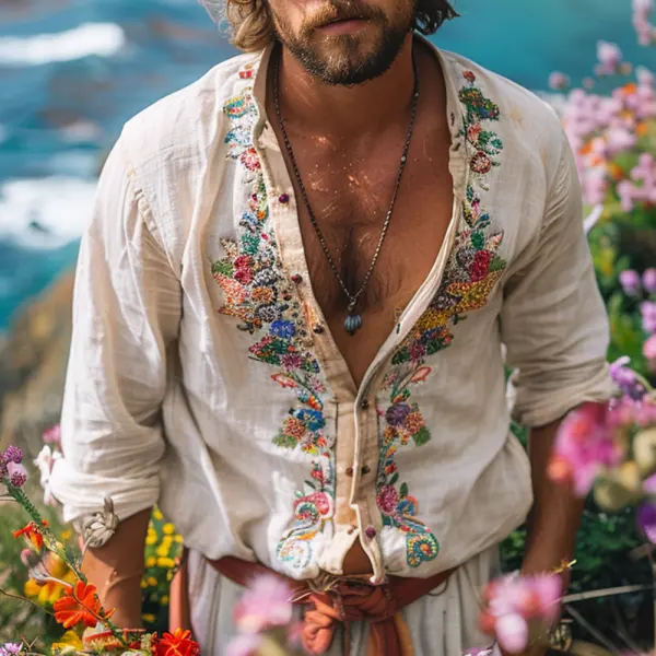 Ethnic Retro Casual Cotton And Linen Men's Shirts Bohemian Style Open Collar Embroidered Shirt - Cotosen.com