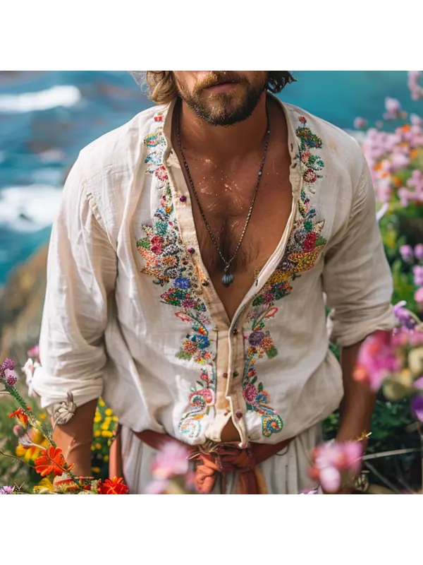 Ethnic Retro Casual Cotton And Linen Men's Shirts Bohemian Style Open Collar Embroidered Shirt - Anrider.com 