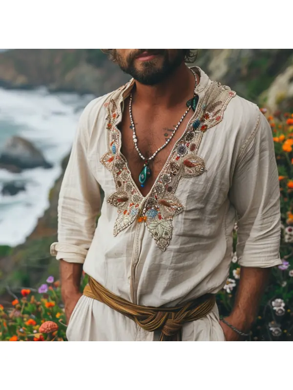 Ethnic Retro Casual Cotton And Linen Men's Shirts Bohemian Style Open Collar Embroidered Shirt - Fithuge.com 