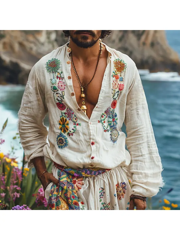 Ethnic Retro Casual Cotton And Linen Men's Shirts Bohemian Style Open Collar Embroidered Shirt - Fithuge.com 