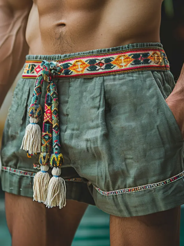 Retro Ethnic Casual Linen Shorts Bohemian Style Shorts - Menwyx.com 