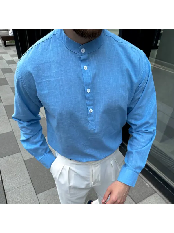 Linen Stand Collar Gentleman's Shirt - Ininrubyclub.com 